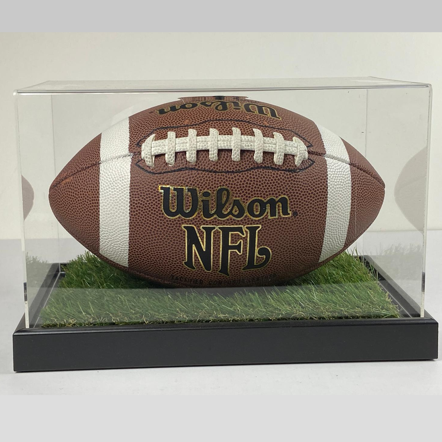 Wilson NFL football in a clear display case with grass base