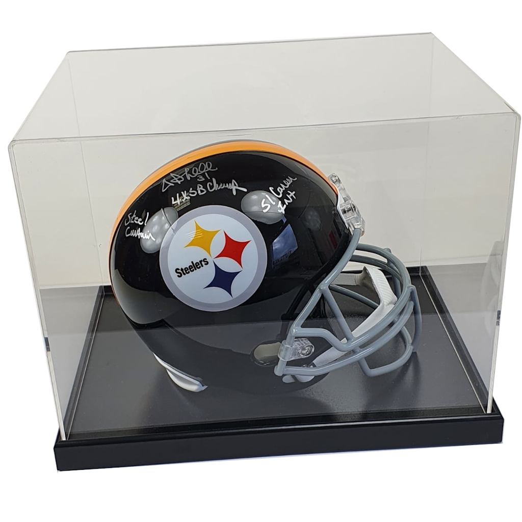 Autographed Pittsburgh Steelers helmet in a clear display case