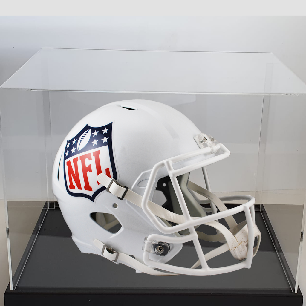White NFL helmet in a clear display case on a white background