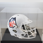 White NFL helmet in a clear display case on a white background