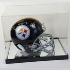 Pittsburgh Steelers football helmet in a clear display case on a white background
