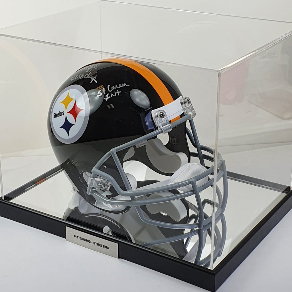 Pittsburgh Steelers football helmet in a clear display case