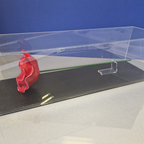 IBCC ceramic poppy with stem in a clear display case with black base against a blue background