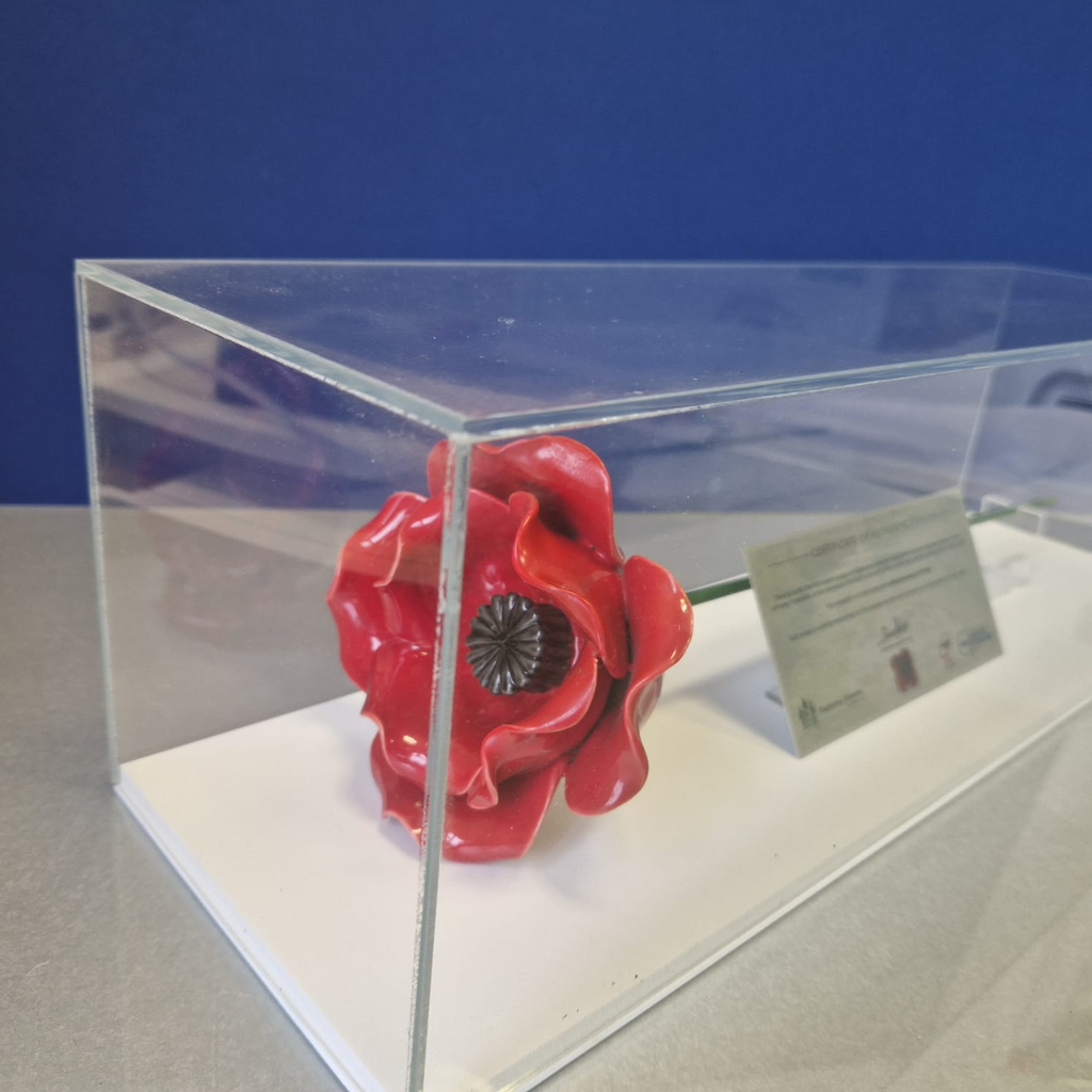 Cermaic poppy in a clear display case with a blue background