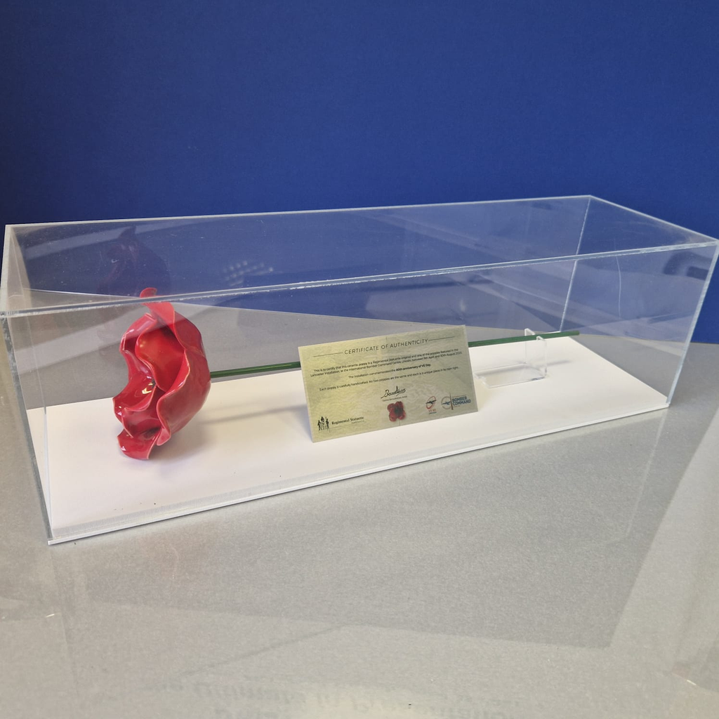 IBCC ceramic poppy with stem and copy metal certificate in a clear display case with white base against a blue background