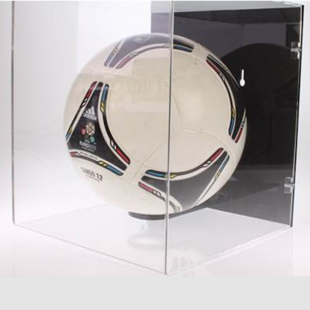 size 5 football soccer ball in wall mount acrylic display case, angled view