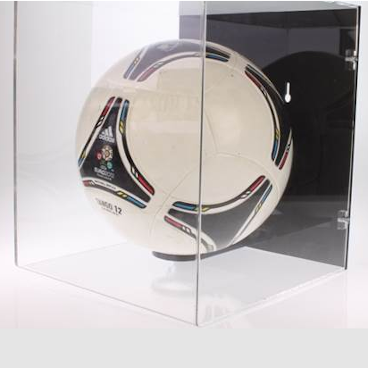 size 5 football soccer ball in wall mount acrylic display case, angled view