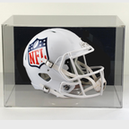 White football helmet with NFL logo in a clear wall mount display case with black acrylic back
