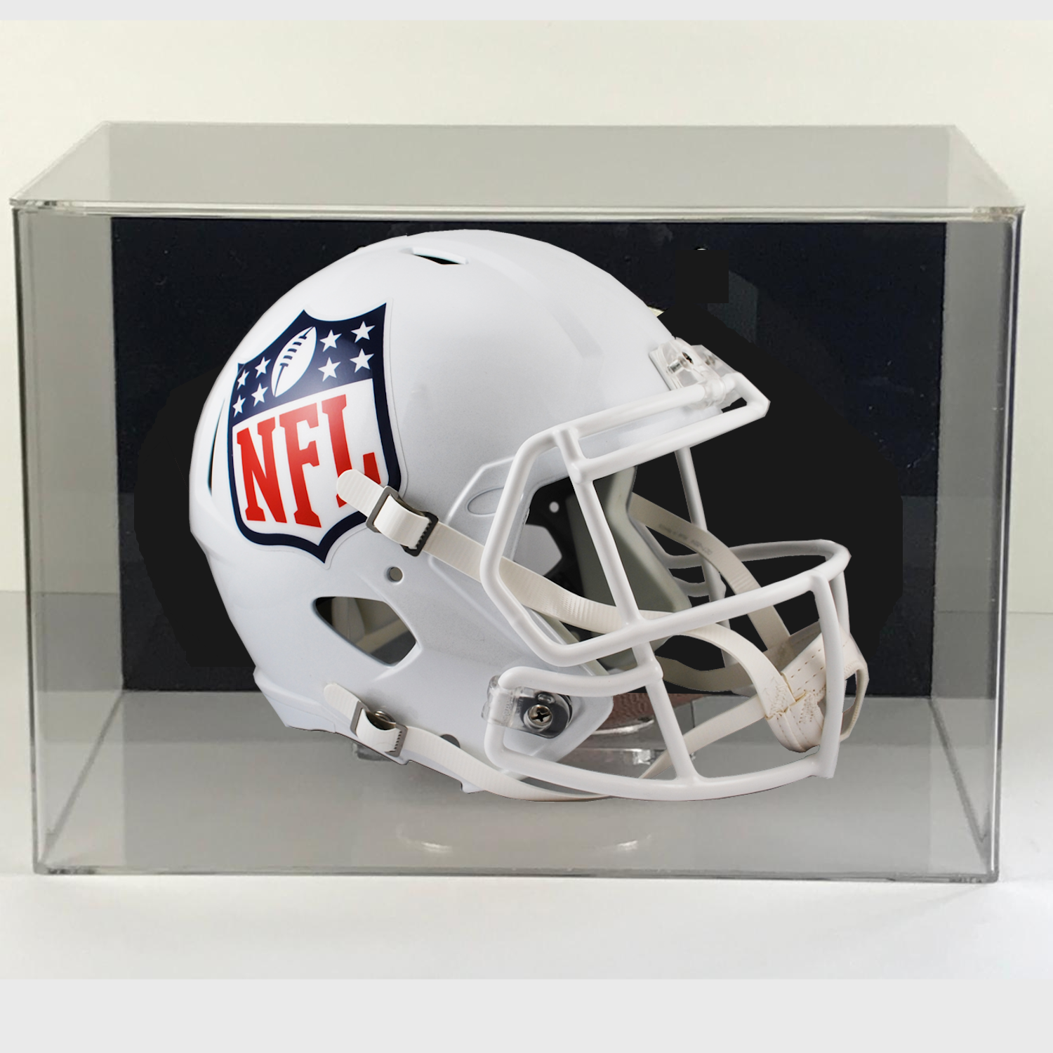 White football helmet with NFL logo in a clear wall mount display case with black acrylic back