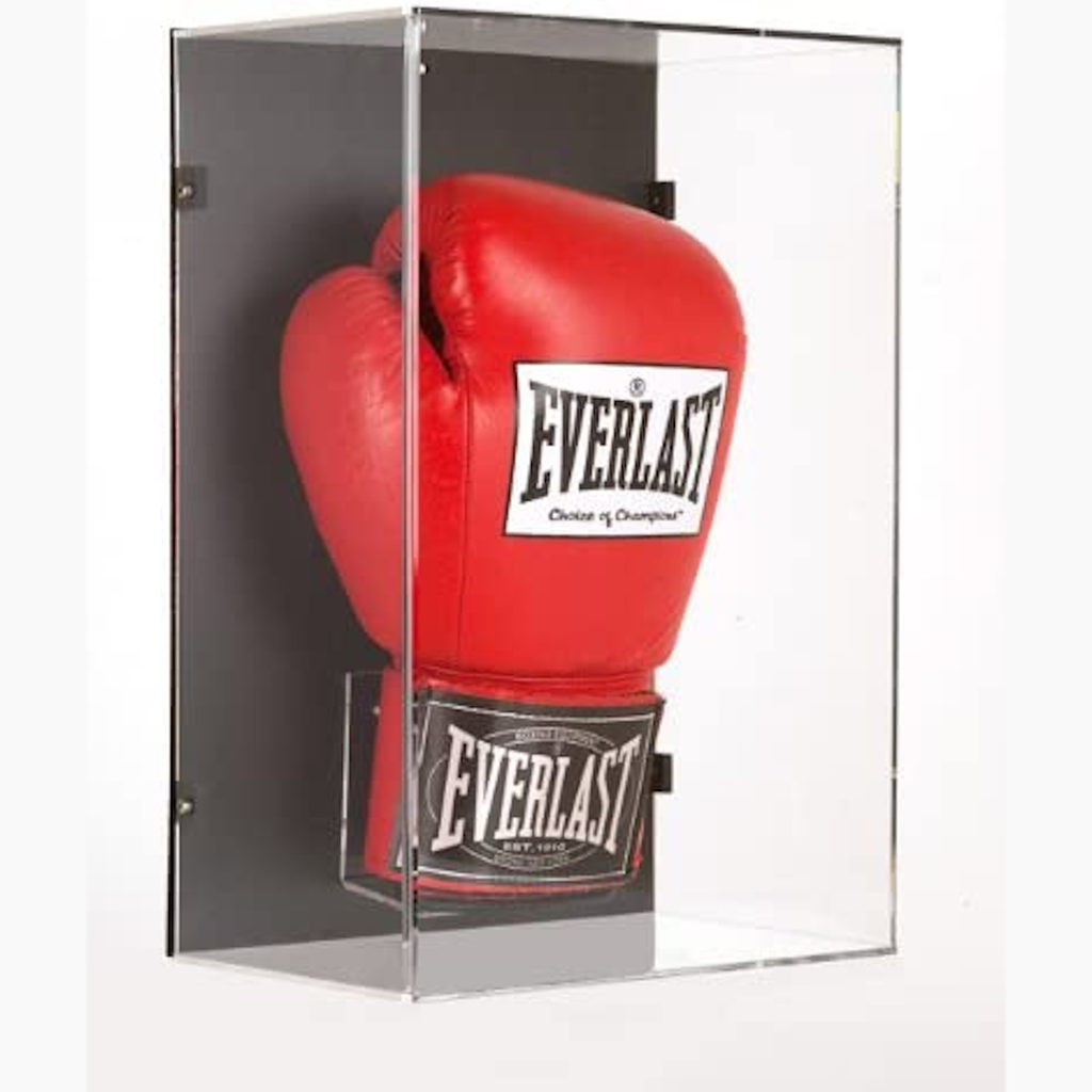 Red boxing glove in a clear wall mount display case with Everlast branding.