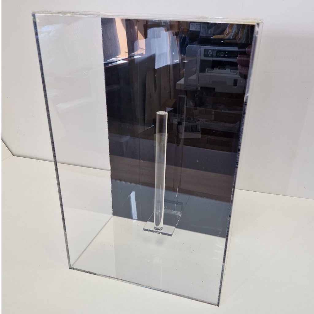 Empty wall mount boxing glove display case showing floating acrylic rod