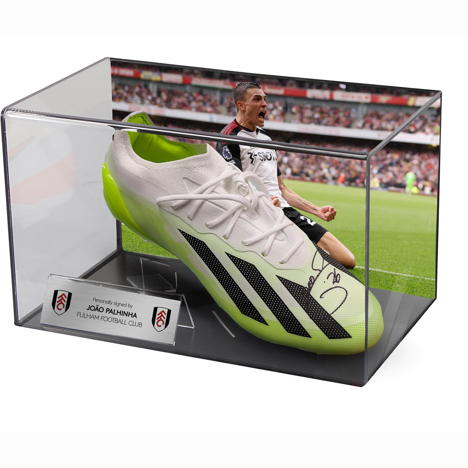 Signed Paulinha football boot in wall mount display case with background image