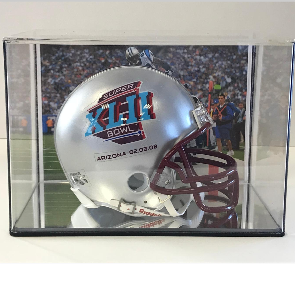 Mini Football helmet with Super Bowl logo in a display case
