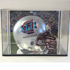 Mini Football helmet with Super Bowl logo in a display case