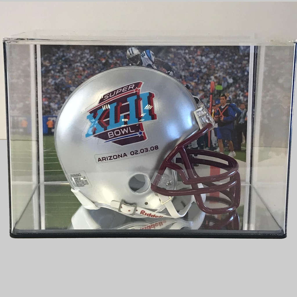 Football helmet with Super Bowl logo in a display case