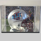 Football helmet with Super Bowl logo in a display case